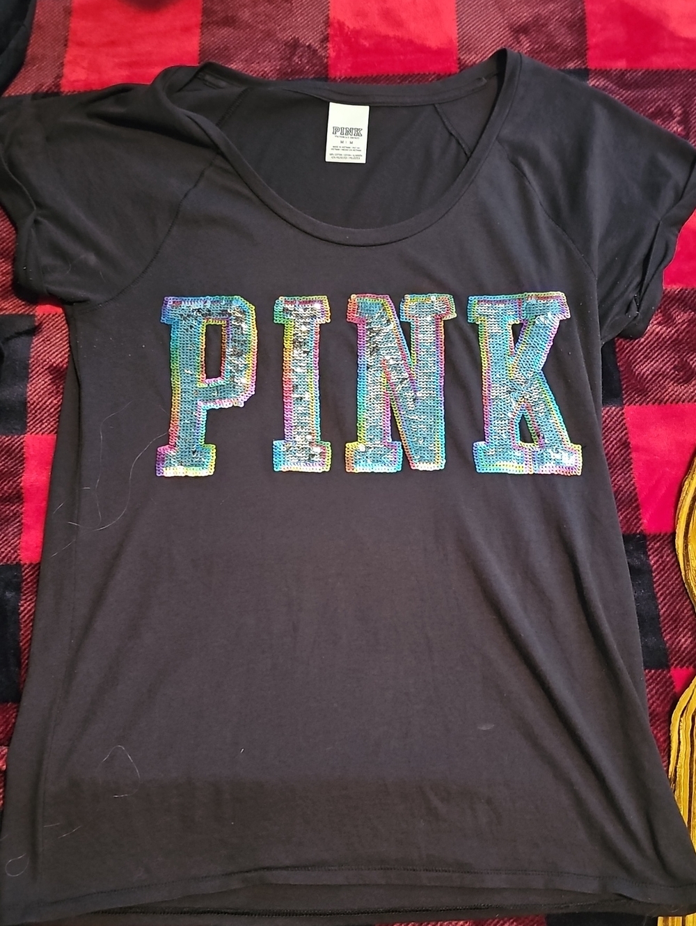 Womans Teeshirt . Victoria's Secret Black Tee with Multicolor Sequin PINK Logo
